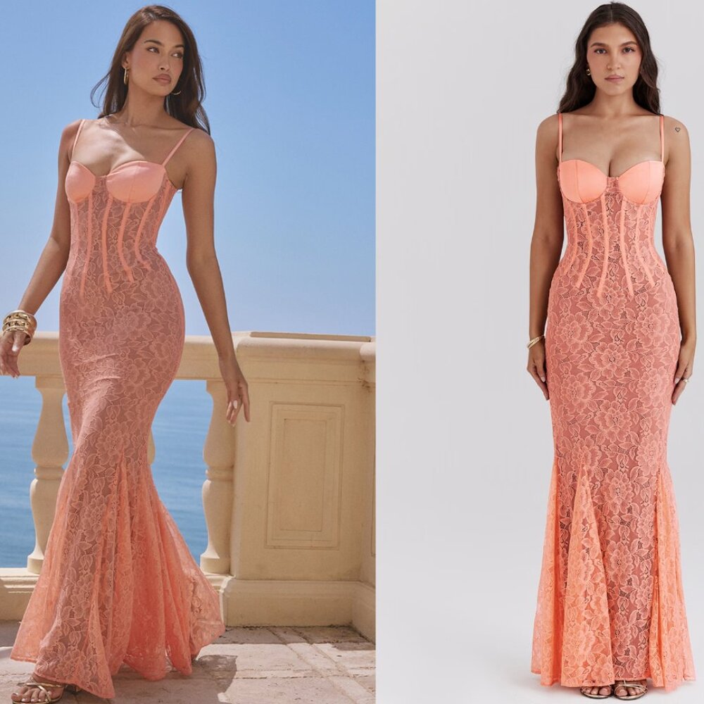 House of CB 'Coredlia' Sorbet Lace Godet Maxi Dress NWOT - Picture 1 of 9